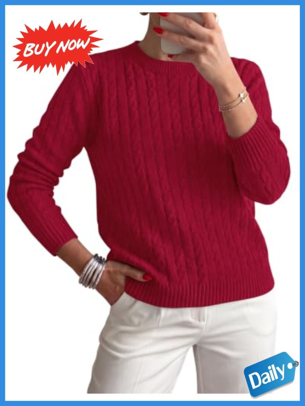 Cable Knit Crewneck Long Sleeve Pullover Sweater Viscose Blend Women's Fall